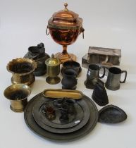 A collection of metalwares, including a converted copper samovar (now an urn) 43cm, two steel