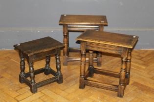 A pair of good reproduction oak joint stools of pegged construction, 46 x 46 x 26cm together with