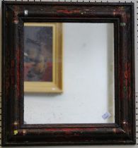 A small 20th century cushion frame wall mirror with painted decoupage decoration and plain