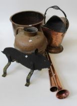 A Victorian copper shell-form scuttle, a rivited copper boiler, a Koehler and Son coaching horn,