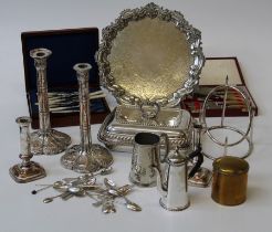 A pair of Victorian silver plated table candlesticks, each with lobed base, various EPNS treens, pie