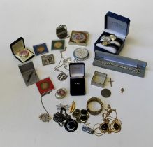 A mixed parcel of costume and other paste set jewellery, compacts, Armani, Rotary and Accurist