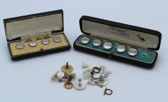 A cased set of four 18ct gold and mother of pearl collar studs, a cased part set of five 9ct gold