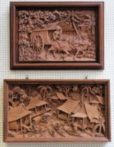 A 20th century relief teak panel, carved with riverside dwellings, figures and boats, 50 x 81cm,