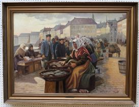 Holger Peterson ( 20th century Continental School) A Scandinavian fish market with women sorting the