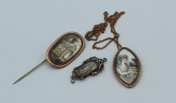 A collection of painted Georgian jewellery. Comprising a Georgian sepia Navette pendant in rose