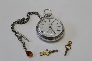 A Victorian silver cased key wind pocket watch, with verge movement and 5cm enamel Roman dial,