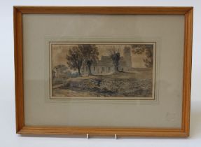 Dr William Crotch 1775-1847 British A view of Stanton church, watercolour, framed, 15 x 28cm