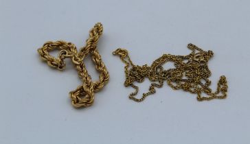A 9ct gold bracelet, along with a 9ct gold curb chain plus a 9ct stamped necklace. Total weight