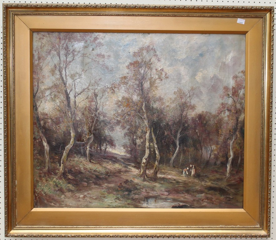 19th century European School, figures gathering wood in a forest landscape. oil on canvas, 62 x