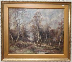 19th century European School, figures gathering wood in a forest landscape. oil on canvas, 62 x