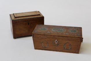 A Victorian mahogany, rosewood crossbanded tea caddy with painted swags and floral reserves, 30cm