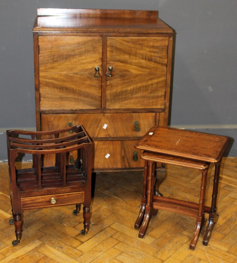 An early 20th century walnut bedroom chest, 113 x 78cm, an Edwardian mahogany canterbury and a