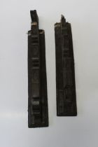 A pair of Victorian wood wall brackets, each with three lozenge moulded hooked teeth, on stepped