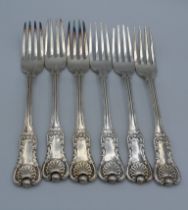 A set of six Victorian Scottish silver fiddle, thread and shell pattern dinner forks, Glasgow,
