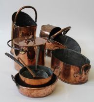 A good, small collection of 19th century copper wares, including lidded pan with steel swing handle,