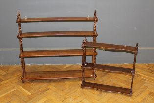 An Edwardian satin mahogany set of four tier hanging shelves, 87 x 95cm, together with a smaller,