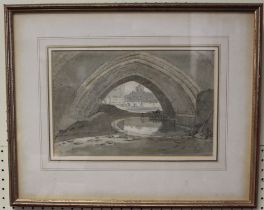 Hugh O'Neill 1784-1824 Dutch. Carnarvon Bridge with figures, watercolour, 20 x 30cm, framed