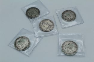 1917, 1914, 1912, 1922 Four George V Half-crowns plus one Queen Victoria 1887 Half-crown, EF