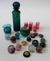 A matched set of six cranberry glass beakers, a large Mdina glass bottle and globular stopper, 42cm,