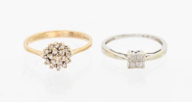 Two diamond set 9ct gold dress rings, to include a 9ct white gold square ring, square setting set