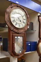 A B. Leefe & Sons of Malton mahogany wall clock with carved detail, American drop dial, deadbeat