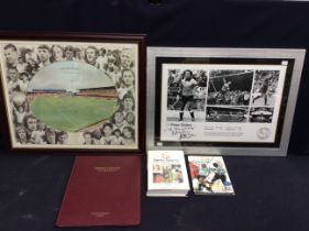 A small collection of Derby County football memorabilia to include; a framed and glazed Peter