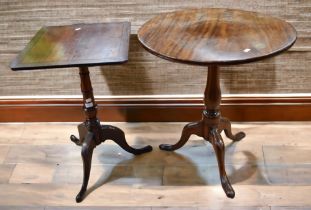 Two late 18th century tilt top tables, one square top and one round on tripod feet.