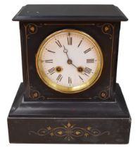 Late 19th century French black slate mantle clock, round face, 8 day with Roman numerals