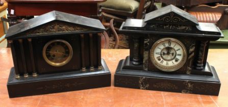 Two late 19th century French black slate 8-day mantel clocks in the classical style, one with open