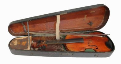 19th century cased violin, 60cm long with bow and original case.