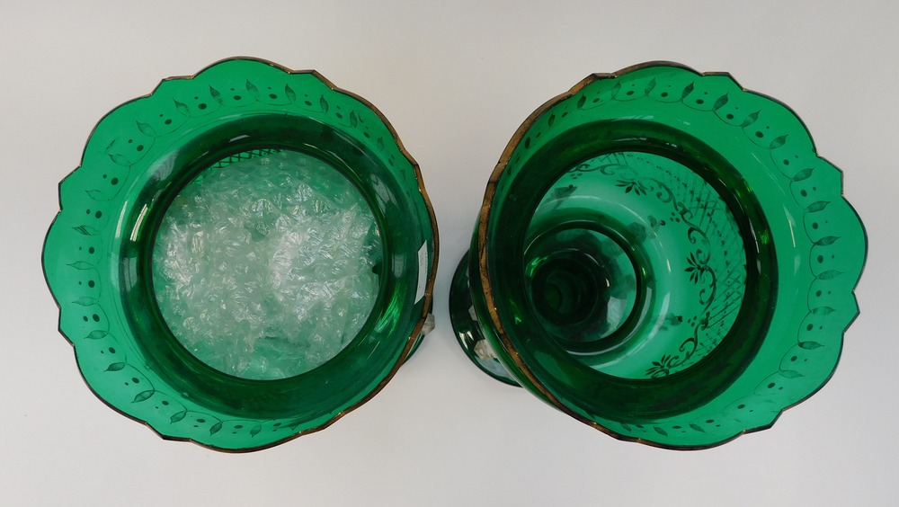 A pair of late Victorian green glass garnitures with gilt detail and glass droplets. - Image 2 of 2