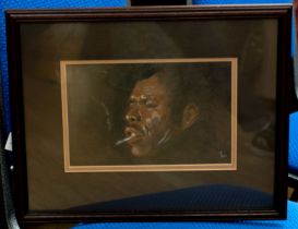 T Thom 'Jazz Musician' smoking Cigarette pastel  Framed and glazed. Approx. 23.5cm x 15.5cm.