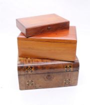 19th century walnut inlaid trinket box with lift out tray missing, but with key. Along with two