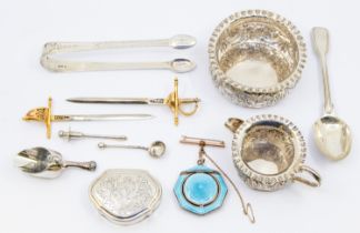 A collection of silver items to include an early 20th century guilloche enamel compact pendant