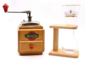 1950s DRGM Schnellmahlwerk German retro coffee grinder together with a German Pilsner glass with