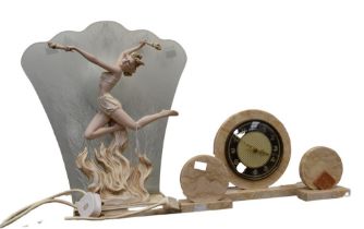 An Art Deco clock garniture of marble structure, battery operated (untested), along with a modern