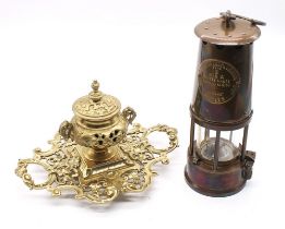 An Eccles miner's lamp, together with a German brass inkwell