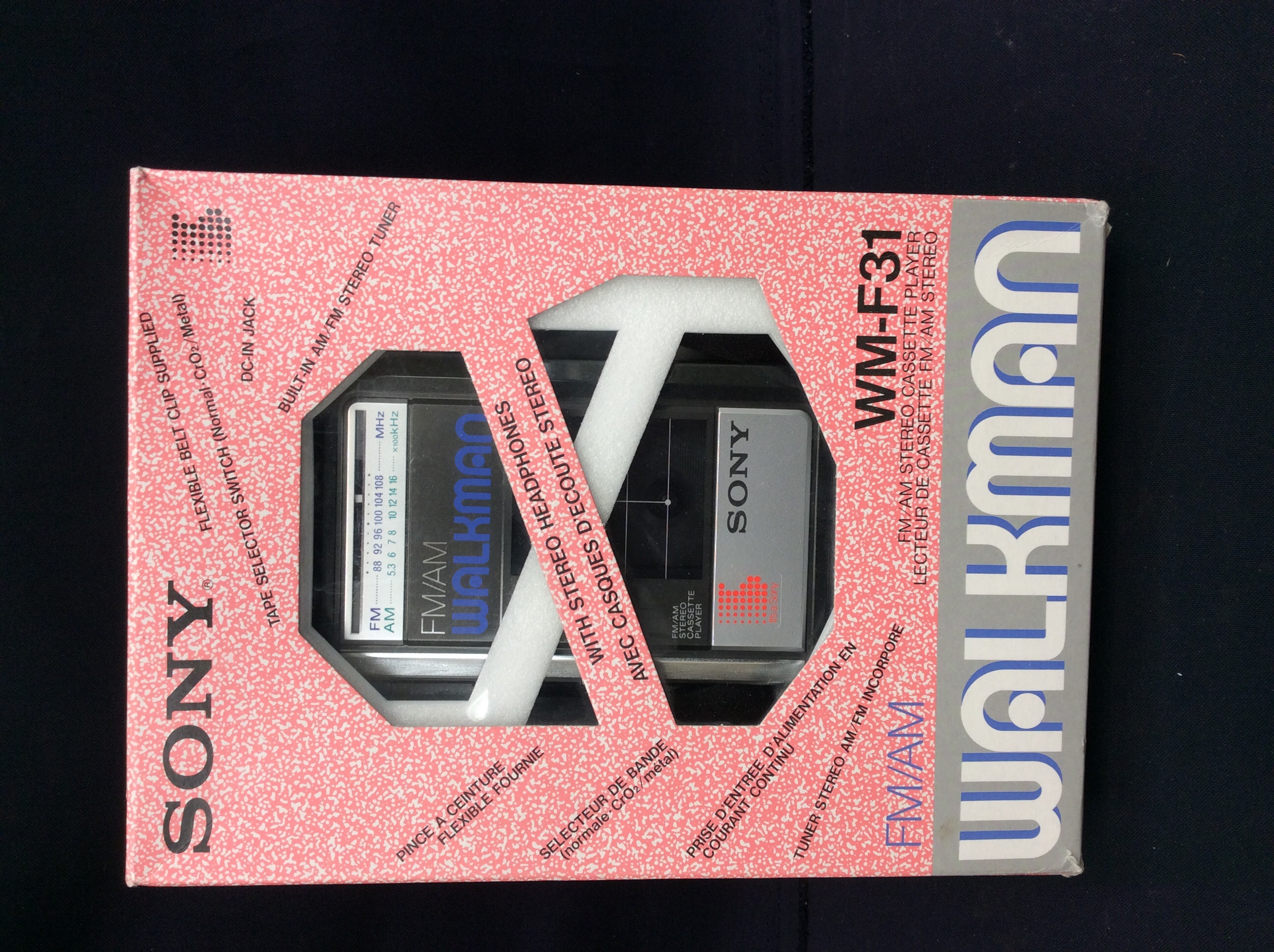 A retro Sony Walkman WM-F31, FM/AM stereo cassette player. In original box