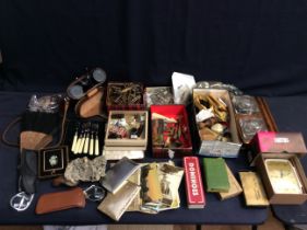 A collectors lot to include; boxed opera binoculars, boxed Smiths alarm clock, compact, small