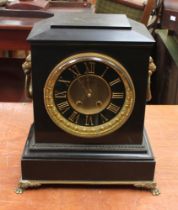 Large late 19th century French black slate mantle clock, eight day gilded detail to face, roman