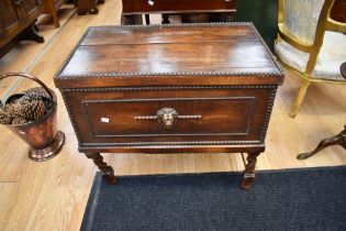 Early 20th century oak chest on barley twist legs with carved lion's head detail, a japanned 1920s