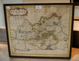 Hand tinted 17th century framed map of Surrey by Robert Morden, C 1695 44cmx38cm