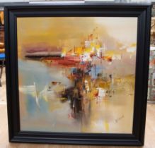 M Wilkinson - An abstract oil on canvas in black frame, signed lower right. Approx. 76cm x 76cm.