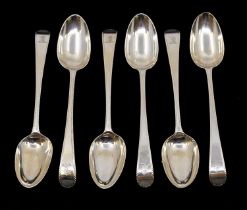 A set of six George III Old English Pattern dessert spoons, feather edging, each handle engraved