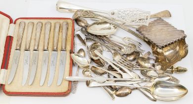 A collection of silver and plated wares to include; a pair of George III silver table spoons,