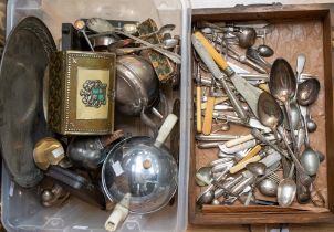 A collection of silver plated items including tea pots, tray, spoons, dish with a box of plated