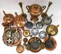 Collection of brass copper and cast wares i.e. trivets, candlesticks, trays, kettles, horse brass