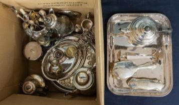 A collection of silver plated items to include; trays, tea pot, sugar bowl and milk jug, coffee pot,