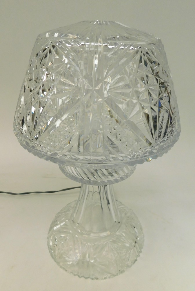 A cut glass lamp with mushroom shade, untested.